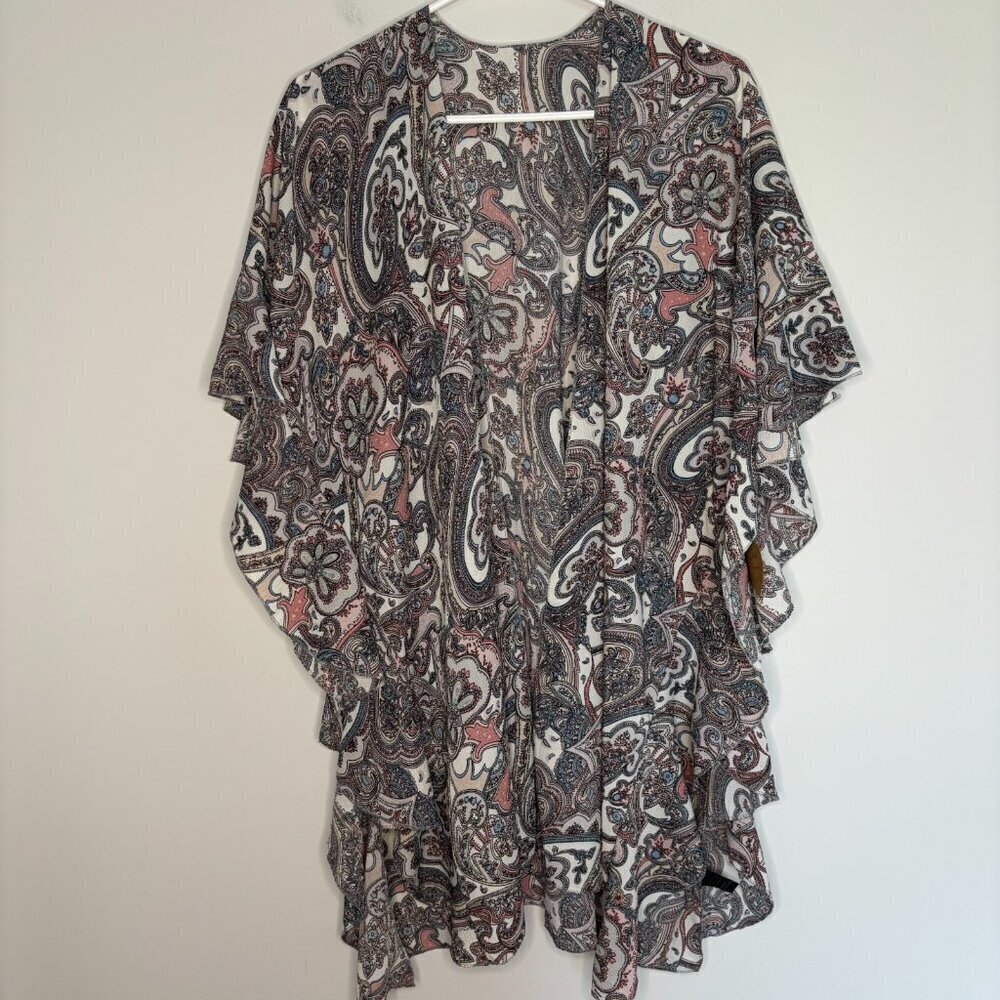 KELSEA Apparel NEW Paisley Ruffle Short Sleeve Cardigan Womens M Ivory Pink